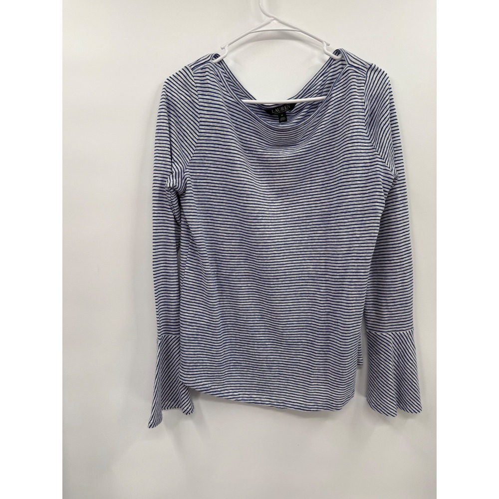 Lauren Ralph Lauren M Top Women Blue White Striped Linen Cotton Bell Sleeve